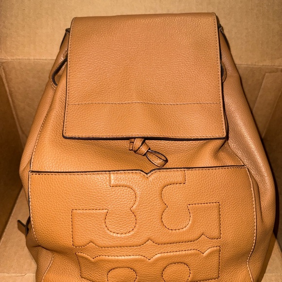 Tory Burch Bombé T-Flap Tan Leather Backpack - Picture 2 of 9